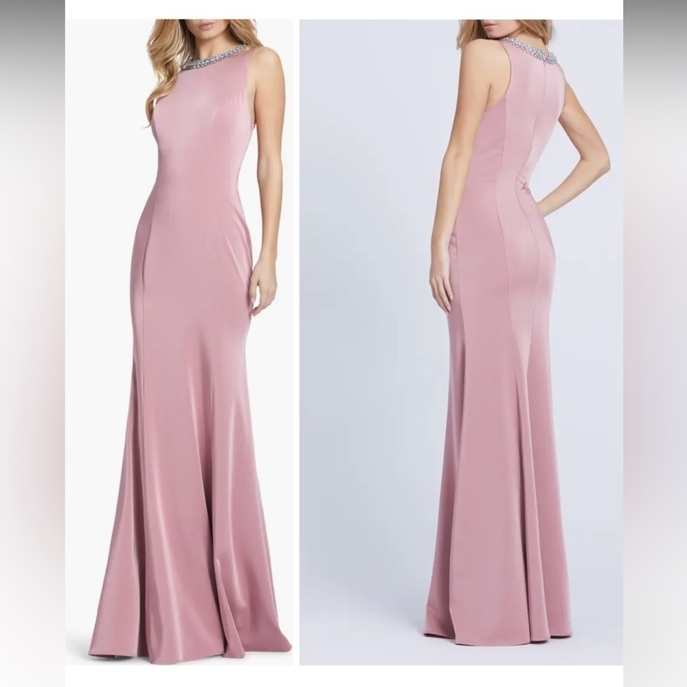 Mac Duggal Rose Pink Sleeveless Mermaid Maxi with Jewel Neck